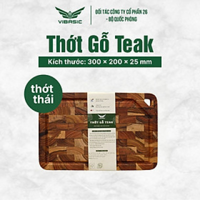 Thớt gỗ Teak Vibasic ghép dựng block, kích thước 300x200x25mm có lỗ treo - Hàng chính hãng Bộ Quốc Phòng