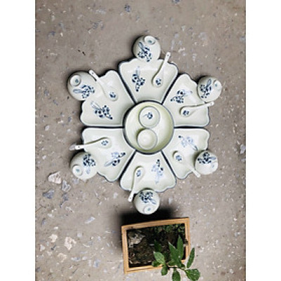 Bộ sản phẩm đĩa mặt trời vẽ sen nâu gốm sứ Bát Tràng