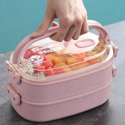 Hộp Đựng Cơm Văn Phòng Lúa Mạch 2 Tầng Tặng Kèm Đũa, Muỗng, Nĩa - HENRYSA