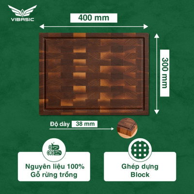 Thớt gỗ óc chó Vibasic kích thước 40x30x3.8cm, thái băm chặt đa năng, kèm hộp quà tặng cao cấp - Hàng chính hãng Bộ Quốc Phòng