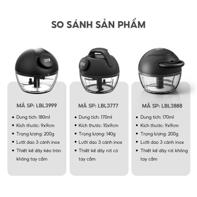 Dụng cụ xay tỏi ớt, thực phẩm Lebenlang LBL3777, 170ml, lưỡi dao 3 cánh sắc bén, dây kéo rút tiện lợi - hàng chính hãng