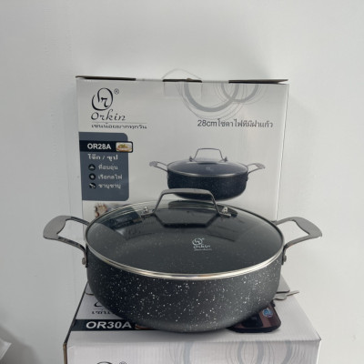 Nồi lẩu chống dính vân đá Orkin Thái Lan size 26cm/28cm, vung kính đáy từ - Hàng chính hãng