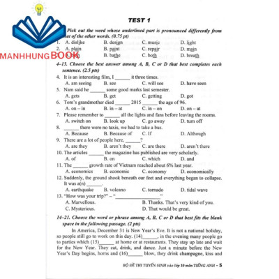 SÁCH - bộ đề thi tuyển sinh vào lớp 10 môn tiếng anh