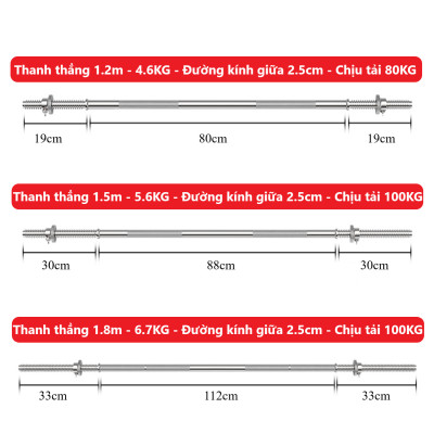 Thanh đòn tạ thẳng, chất liệu thép mạ inox 1.2m hoặc 1.5m + 2 chốt khóa (phi 25)