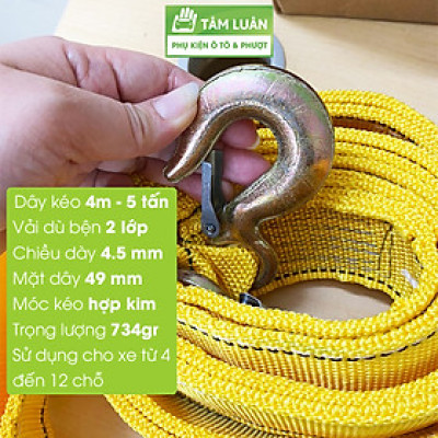 Cáp cứu hộ, dây kéo xe hơi chất liêu vải dù, dây cáp kéo xe ô tô dài 4 mét, dây kéo cứu hộ xe 5 tấn