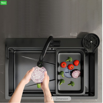 Chậu rửa bát 1 hố lớn inox 304 nano đen Valenza kháng khuẩn cao cấp kèm vòi rửa bát rút dây inox 304 nóng lạnh nano đen Valenza, bộ xả to ngăn mùi, khay inox kín-TẶNG BÌNH ĐỰNG NƯỚC RỬA CHÉN
