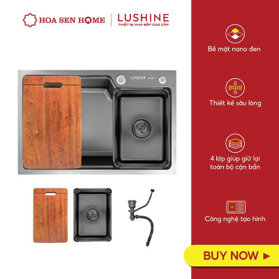 Bộ chậu rửa chén INOX 304 LUSHINE D003 công nghệ tạo hình thủ công, bề mặt Nano đen sang trọng, chống xước bền bỉ - Hoa Sen Home - Hàng chính hãng