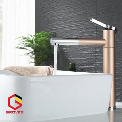 Vòi rửa mặt đa năng thân cao mạ vàng GR7013C (đầu và thân vòi đều xoay được 360 độ, mạ màu vàng nhạt - như hình)