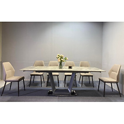 Bộ bàn ghế phòng ăn Tundo mặt đá ceramic, chân inox mạ titan kèm 6 ghế kevin 