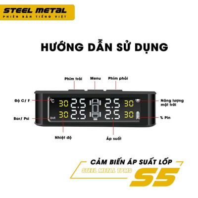 Cảm biến áp suất lốp TPMS STEEL METAL S5 van TRONG TIẾNG VIỆT SẠC NL mặt trời BH 12 tháng vios