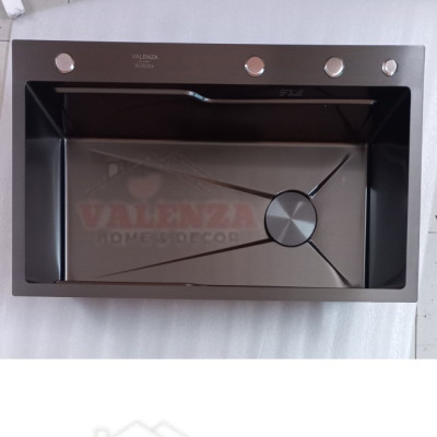 Bồn chậu rửa chén bát 1 hố lớn 78x46cm sus304 nano đen Valenza dày 3,5li kèm chậu phụ inox, bộ xả to ngăn mùi-Hàng chính hãng