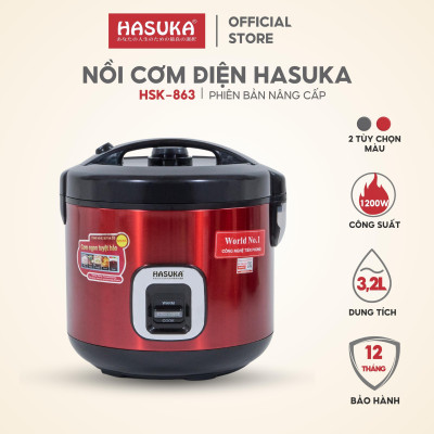 Nồi cơm điện HASUKA HSK-863 dung tích 3.2L, công suất 1200W- Thiết kế dễ sử dụng, lòng niêu chống dính Ceramic - Hàng chính hãng