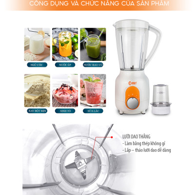 Máy xay sinh tố Comet CM9955 – 2 cối nhựa kháng vỡ, dung tích 1.5L – Công suất 450W, lưỡi dao thép không gỉ – Hàng chính hãng, bảo hành 1 năm