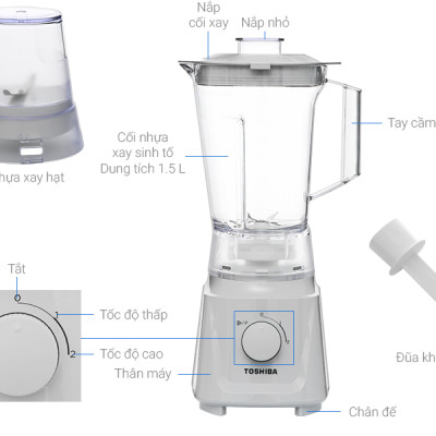 Máy xay sinh tố Toshiba MX-60T(H) - 2 cối - Dung tích 1.5L - Công suất 600W - Động cơ đồng nguyên chất- Hàng chính hãng