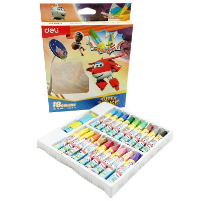 Hộp 18 Bút Màu Sáp Kèm Cây Cầm Bút & Đồ Chuốt 2 Trong 1 - Super Wings - Deli EC009-18