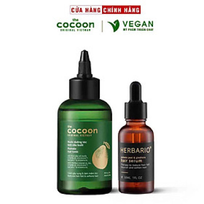 Bộ serum tóc bồ kết, vỏ bưởi Herbario 30ml + Nước dưỡng tóc tinh dầu bưởi Pomelo Cocoon 140ml