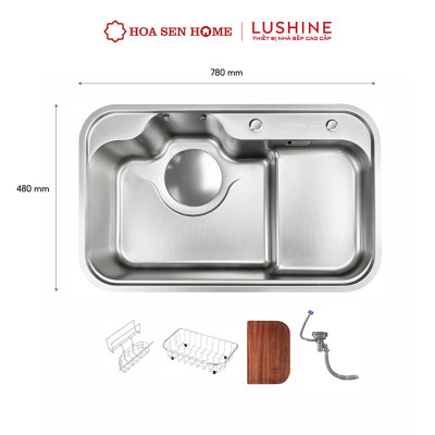 Bộ chậu rửa chén INOX 304 LUSHINE D002 thiết kế hai ngăn, bề mặt Nano Linen chống xước bền bỉ - Hoa Sen Home - Hàng chính hãng