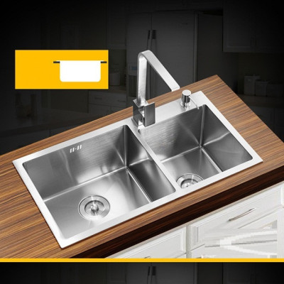 Combo chậu rửa chén bát inox Valenza 7843 hai hố lệch, vòi rửa bát đầu rút 02, bộ xả chậu, rá inox đa năng, bình xà phòng