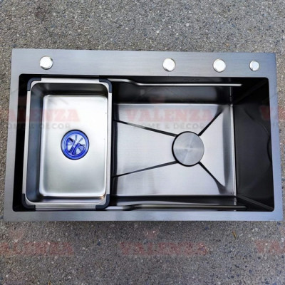 Bồn chậu rửa chén bát 1 hố lớn 78x46cm sus304 nano đen Valenza dày 3,5li kèm chậu phụ inox, bộ xả to ngăn mùi-Hàng chính hãng
