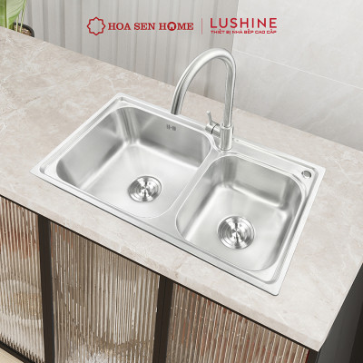 Bộ chậu rửa chén INOX 304 LUSHINE D006 công nghệ dập liền khối, thiết kế hai ngăn tiện lợi, bề mặt chống xước bền bỉ - Hoa Sen Home - Hàng chính hãng