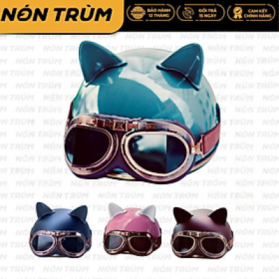 Mũ bảo hiểm nửa đầu Rona haly luxury kèm kính phi công đồng tặng tai mèo cho nam và nữ đi xe máy