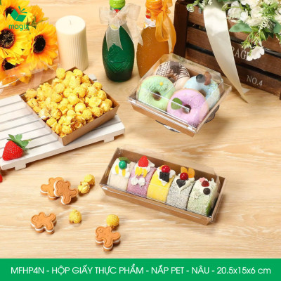 MFHP4N - 20.5x15x6 cm - 25 hộp giấy kraft thực phẩm màu nâu nắp Pet, hộp giấy chữ nhật đựng thức ăn, hộp bánh nắp trong