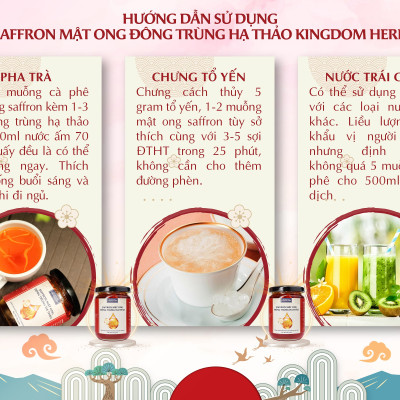 Saffron mật ong đông trùng hạ thảo Kingdom Herb chính hãng thượng hạng hộp 312g (tặng bình thuỷ tinh và cây lấy mật)