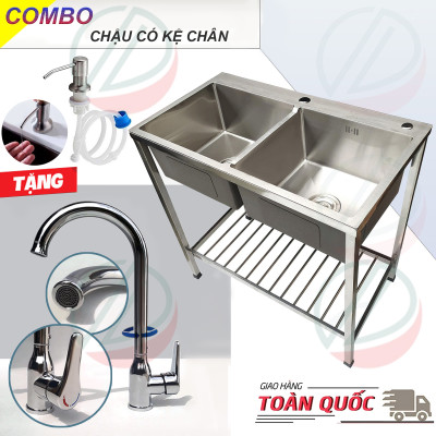 Bộ Chậu Rửa Chén Bát 2 Hộc Có Chân Cao 81cm KAZTA Kèm Vòi Inox Nóng Lạnh - Gồm kệ chân, chậu 82x45cm, 100x50cm, vòi, bộ xả