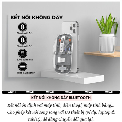 Chuột Không Dây bluetooth 5.1 hiệu WiWU Crystal WM105 - Sạc USB C, Chuột không dây cho MacBook/Laptop, cho iPhone, cho iPad, Nhẹ, Kết Nối 2.4G,, Không Độ Trễ, silend mode (im lặng), thiết kế trong suốt lợ cơ - Hàng nhập khẩu