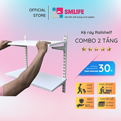 Kệ Railshelf 2 tầng H60cm - Kệ treo tường tùy biến kích thước & vị trí hiện đại - Bằng thép sơn tĩnh điện, kệ gỗ MFC phủ melamine