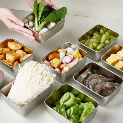 SET 5 HỘP INOX SUS304 ĐỰNG THỰC PHẨM CÓ NẮP ĐẬY HÀNG DÀY ĐẸP