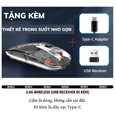 Chuột Không Dây bluetooth 5.1 hiệu WiWU Crystal WM105 - Sạc USB C, Chuột không dây cho MacBook/Laptop, cho iPhone, cho iPad, Nhẹ, Kết Nối 2.4G,, Không Độ Trễ, silend mode (im lặng), thiết kế trong suốt lợ cơ - Hàng nhập khẩu