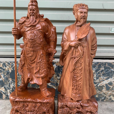 Cặp văn võ song toàn,tượng  khổng minh và quan công  bằng gỗ hương kt cao 30×13×11cm  