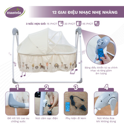 Nôi điện cho bé điều khiển từ xa kết hợp nhạc trắng ru ngủ Mastela SG239 - Nôi cho bé sơ sinh đu đưa tự động