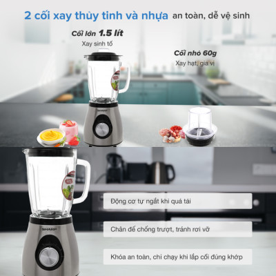 Máy xay sinh tố Sharp EM-S155GV-ST/EM-S154PV-WH - Hàng chính hãng - Bảo Hành 6 Tháng