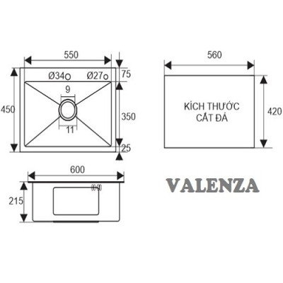 Combo chậu rửa bát 1 hố sus304 Valenza 6045, vòi rửa bát vuông tròn Valenza, xả, rổ, bình xà phòng
