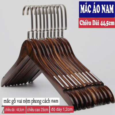 Combo CHỤC móc gỗ đầu tròn treo quần áo móc gỗ có vai nệm nam chống trượt dài 44,5cm