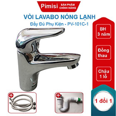 Vòi chậu rửa mặt nóng lạnh Pimisi cho chậu lavabo 1 lỗ bằng đồng thau - mạ crom, niken sáng bóng dùng trong nhà tắm - điều chỉnh nước bằng gật gù nóng lạnh gắn trên bồn chậu rửa mặt treo tường - bàn đá - mặt trên chậu rửa | Hàng chính hãng