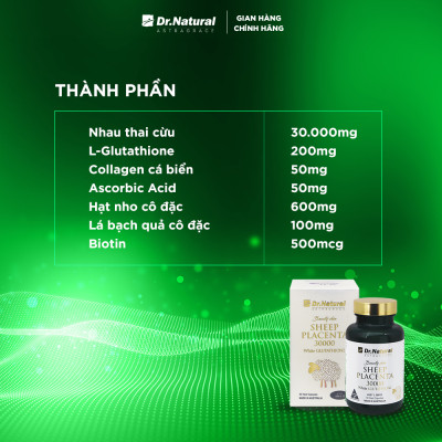 Viên Uống Trắng Da Nhau Thai Cừu Dr Natural Beauty Skin Sheep Placenta 30000 White Glutathione 60 Viên - Hàng Chính Hãng