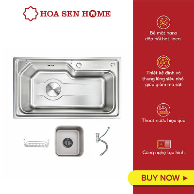 Bộ chậu rửa chén INOX 304 LUSHINE D002 thiết kế hai ngăn, bề mặt Nano Linen chống xước bền bỉ - Hoa Sen Home - Hàng chính hãng