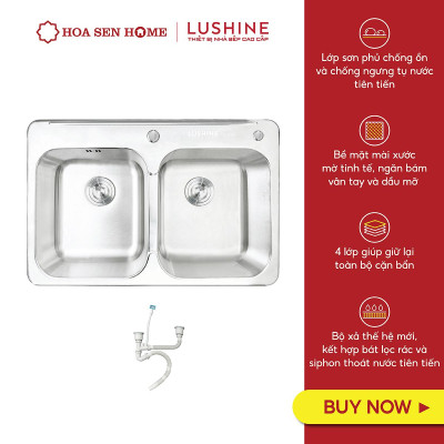 Bộ chậu rửa chén INOX 304 LUSHINE D007 công nghệ dập liền khối, thiết kế hai ngăn tiện lợi, bề mặt chống xước bền bỉ - Hoa Sen Home - Hàng chính hãng