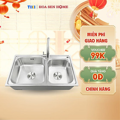 Bộ chậu rửa chén INOX 304 LUSHINE D006 công nghệ dập liền khối, thiết kế hai ngăn tiện lợi, bề mặt chống xước bền bỉ - Hoa Sen Home - Hàng chính hãng