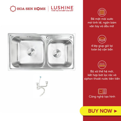 Bộ chậu rửa chén INOX 304 LUSHINE D006 công nghệ dập liền khối, thiết kế hai ngăn tiện lợi, bề mặt chống xước bền bỉ - Hoa Sen Home - Hàng chính hãng