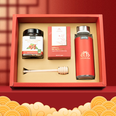 Hộp quà tặng, set quà tặng saffron ngâm mật ong và táo đỏ / kỷ tử Kingdom Herb chính hãng (tặng kèm 1 que lấy mật + 1 bình thuỷ tinh + 1 thiệp chúc + 1 túi giấy)