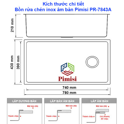 Bồn Rửa Chén Âm Bàn Pimisi PR-7843A Inox 304 Chống Xước - Bám Bẩn, Đơn 1 Hố To Kèm Xi Phông Gắn Bàn Đá Bếp | Chính Hãng