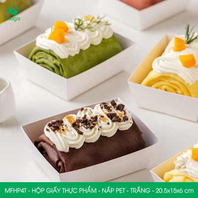 MFHP4T - 20.5x15x6 cm -50 hộp giấy thực phẩm màu trắng nắp Pet, hộp giấy chữ nhật đựng thức ăn, hộp bánh nắp trong