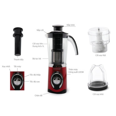 Máy Xay Sinh Tố 3 Cối Sunhouse SHD5322 (1.25L) - Đỏ - Hàng chính hãng