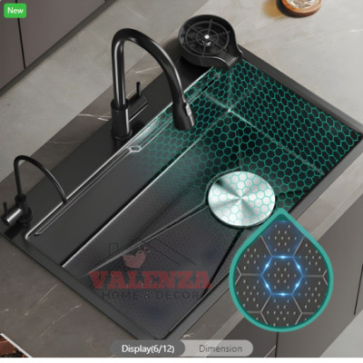 Chậu rửa bát 1 hố lớn inox 304 nano đen Valenza kháng khuẩn cao cấp kèm vòi rửa bát inox 304 nóng lạnh nano đen dáng Vuông, bộ xả to ngăn mùi, khay inox kín-TẶNG BÌNH ĐỰNG NƯỚC RỬA BÁT