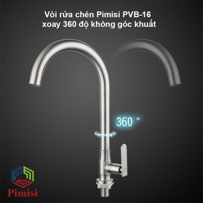 Vòi Rửa Bát Inox 304 Pimisi PVB-16+DC Đơn 1 Đường Nước Lạnh Gắn Chậu Rửa Chén Âm - Dương Bàn Đá Nhà Bếp | Chính Hãng