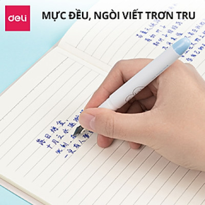 Bộ bút máy học sinh kèm ống mực xanh cao cấp tẩy được Deli, bút luyện viết chữ đẹp, họa tiết dễ thương có bút tẩy mực